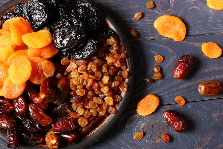Dates, dried apricots, prunes, raisins