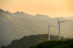 Wind turbine farm on Pillar Mountain in Kodaik, Alaska