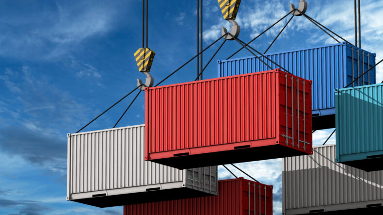 Crane hook with a cargo container for text, 3d render